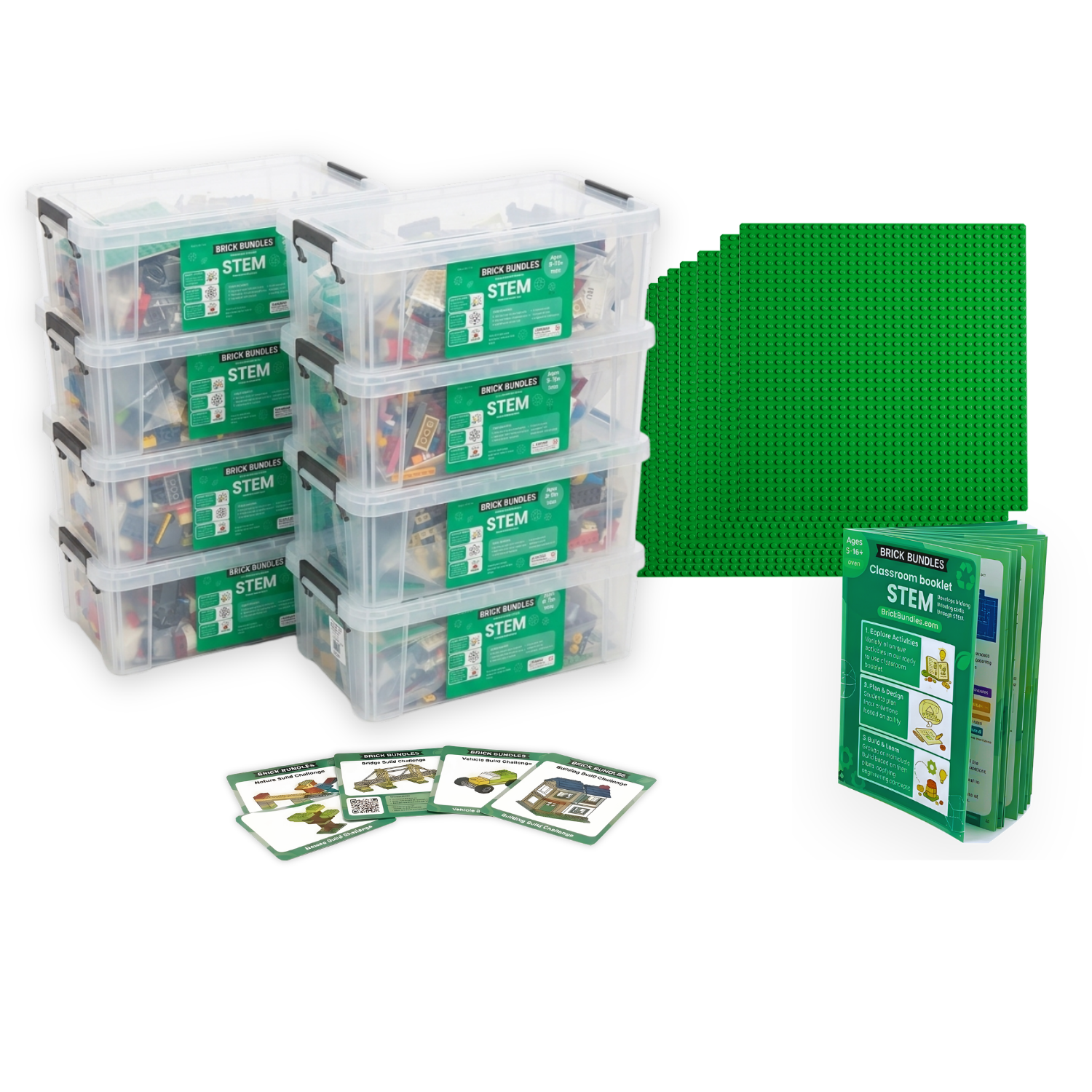 Brick Bundles STEM kit: storage boxes, baseplates, build challenge cards and classroom booklet